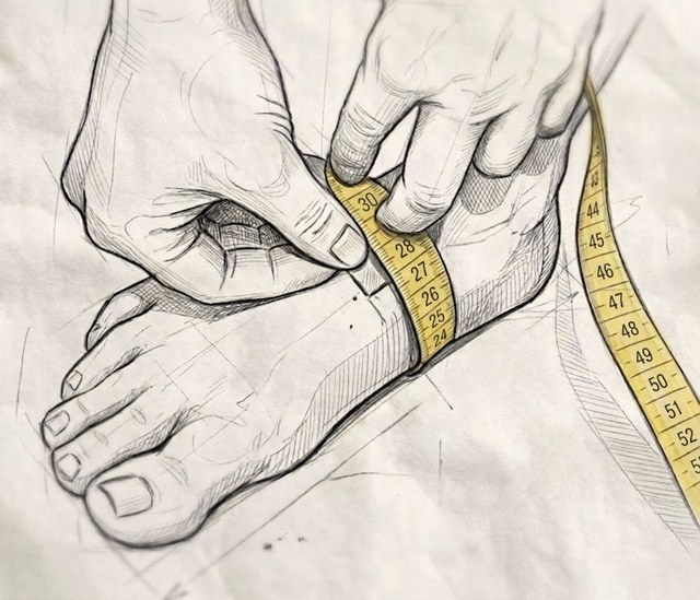 Dessin : des mains prennent la mesure du cou-de-pied avec un mètre ruban